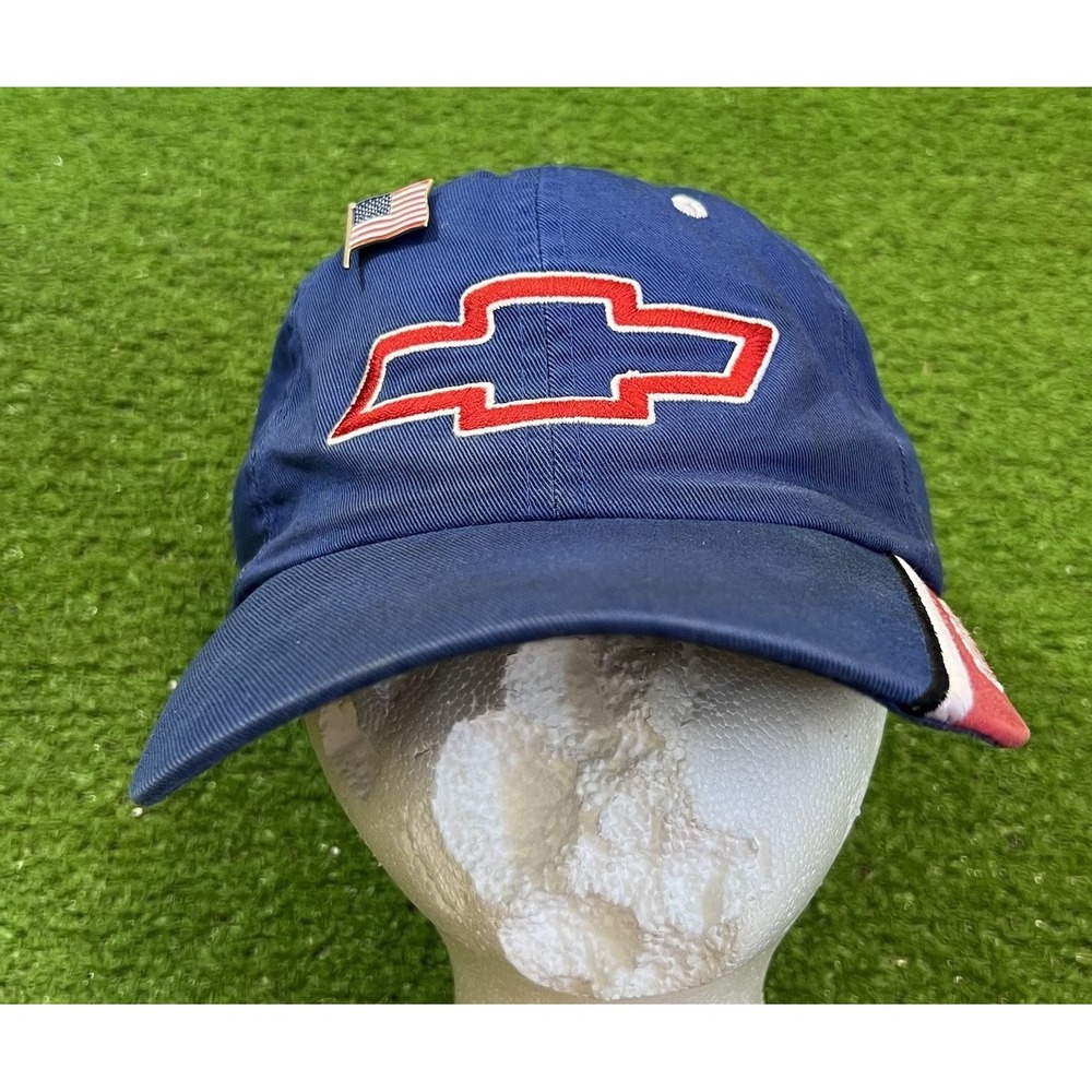 Vintage Chevy Racing Hat Strapback NASCAR red White Blue USA Flag  Pin 90s